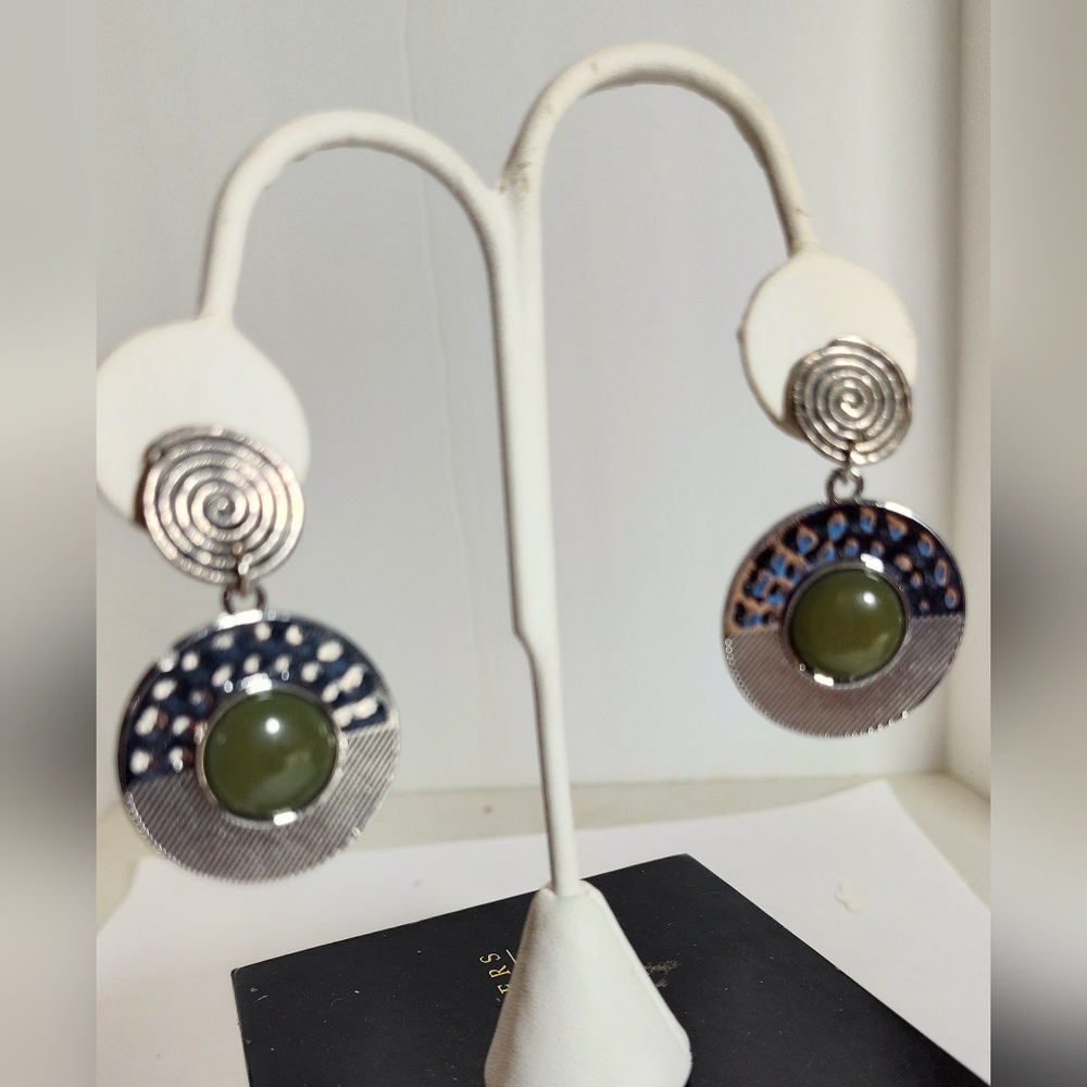Elegant Silver Tone and Jade/Olive Green Earrings. NWOT